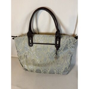 Stella And Dot Large Beige‎ & Metallic Tote With Vibrant Red Lining